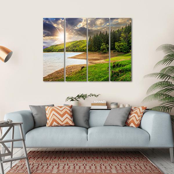 View On Lake Near The Forest Canvas Wall Art-4 Horizontal-Gallery Wrap-34" x 24"-Tiaracle