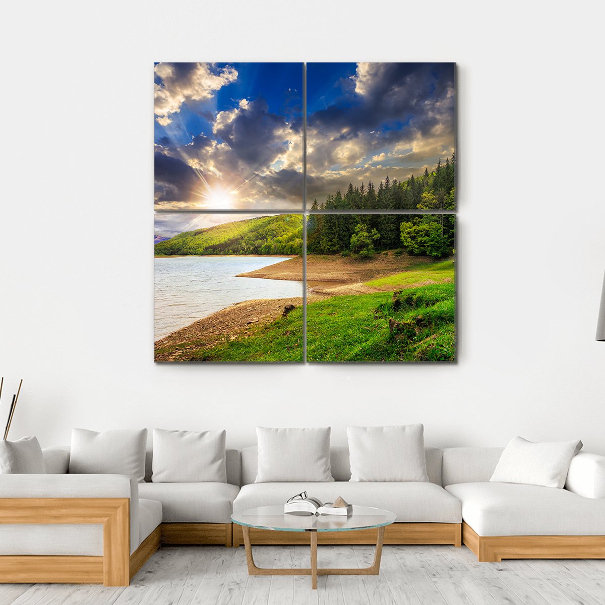 View On Lake Near The Forest Canvas Wall Art-4 Square-Gallery Wrap-17" x 17"-Tiaracle