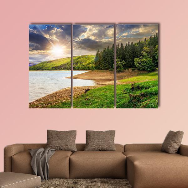 View On Lake Near The Forest Canvas Wall Art-3 Horizontal-Gallery Wrap-37" x 24"-Tiaracle