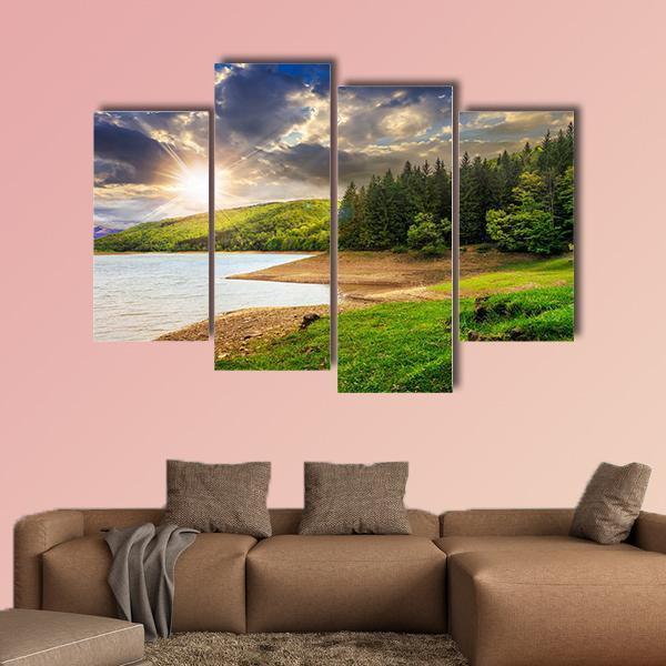 View On Lake Near The Forest Canvas Wall Art-4 Pop-Gallery Wrap-50" x 32"-Tiaracle