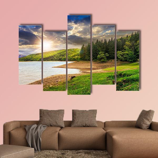 View On Lake Near The Forest Canvas Wall Art-5 Pop-Gallery Wrap-47" x 32"-Tiaracle
