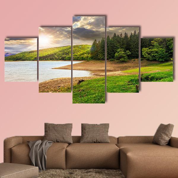 View On Lake Near The Forest Canvas Wall Art-5 Star-Gallery Wrap-62" x 32"-Tiaracle