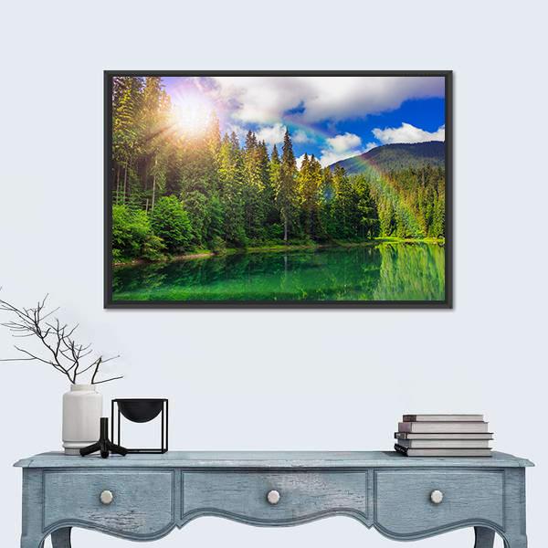 View On Lake Near The Pine Forest Canvas Wall Art-1 Piece-Floating Frame-24" x 16"-Tiaracle