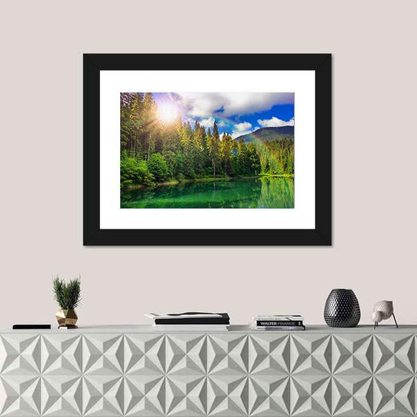 View On Lake Near The Pine Forest Canvas Wall Art-1 Piece-Framed Print-20" x 16"-Tiaracle