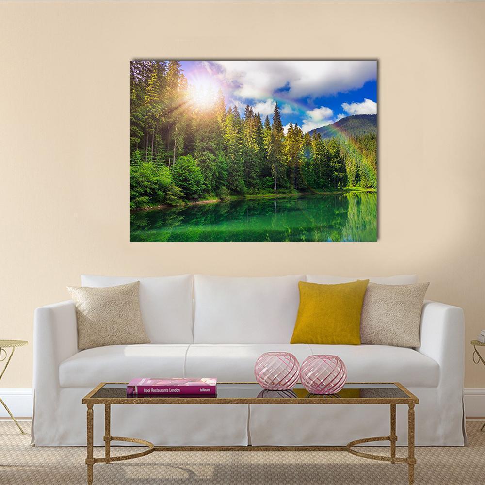 View On Lake Near The Pine Forest Canvas Wall Art-1 Piece-Gallery Wrap-48" x 32"-Tiaracle