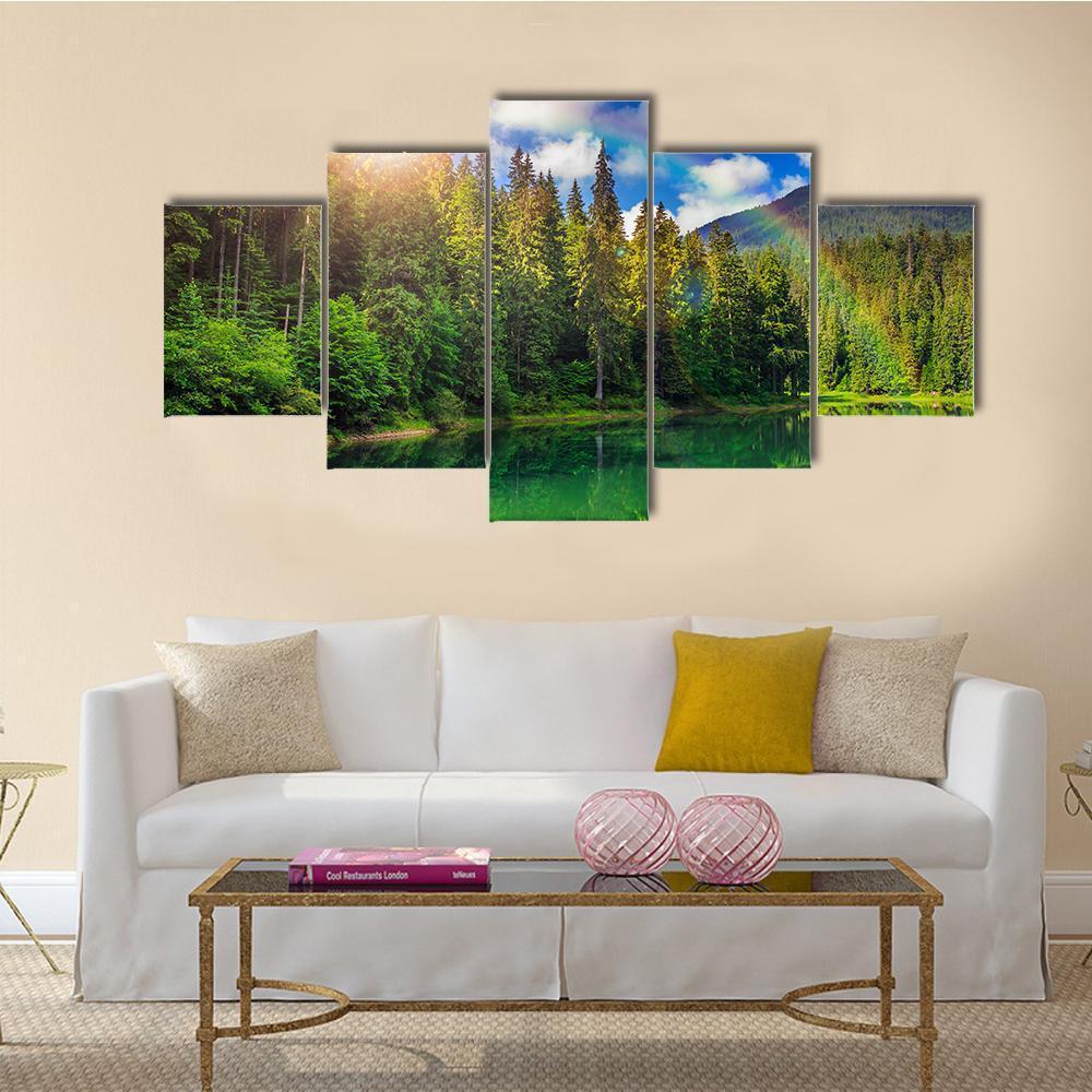 View On Lake Near The Pine Forest Canvas Wall Art-5 Star-Gallery Wrap-62" x 32"-Tiaracle