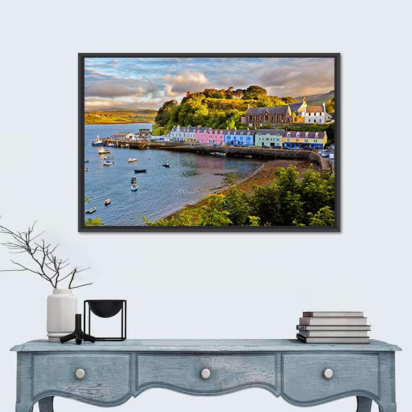 Portree Harbor Before Sunset Canvas Wall Art in yellow, green and blue, framed canvas, product view on a white background