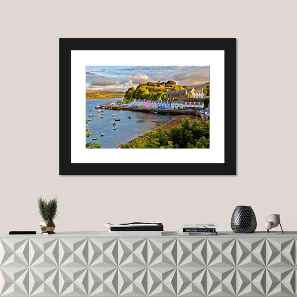 Portree Harbor Before Sunset Canvas Wall Art in yellow, green and blue, framed print, product view on a white background