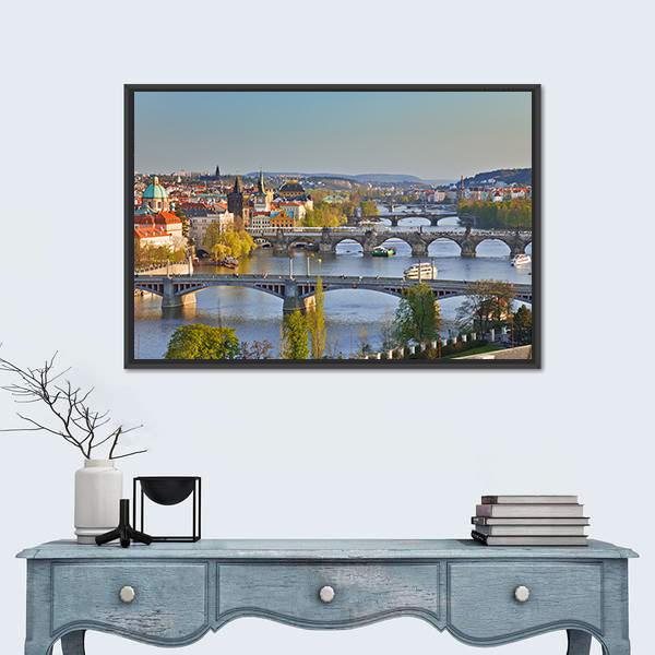 View On Prague At Sunset Canvas Wall Art-1 Piece-Floating Frame-24" x 16"-Tiaracle