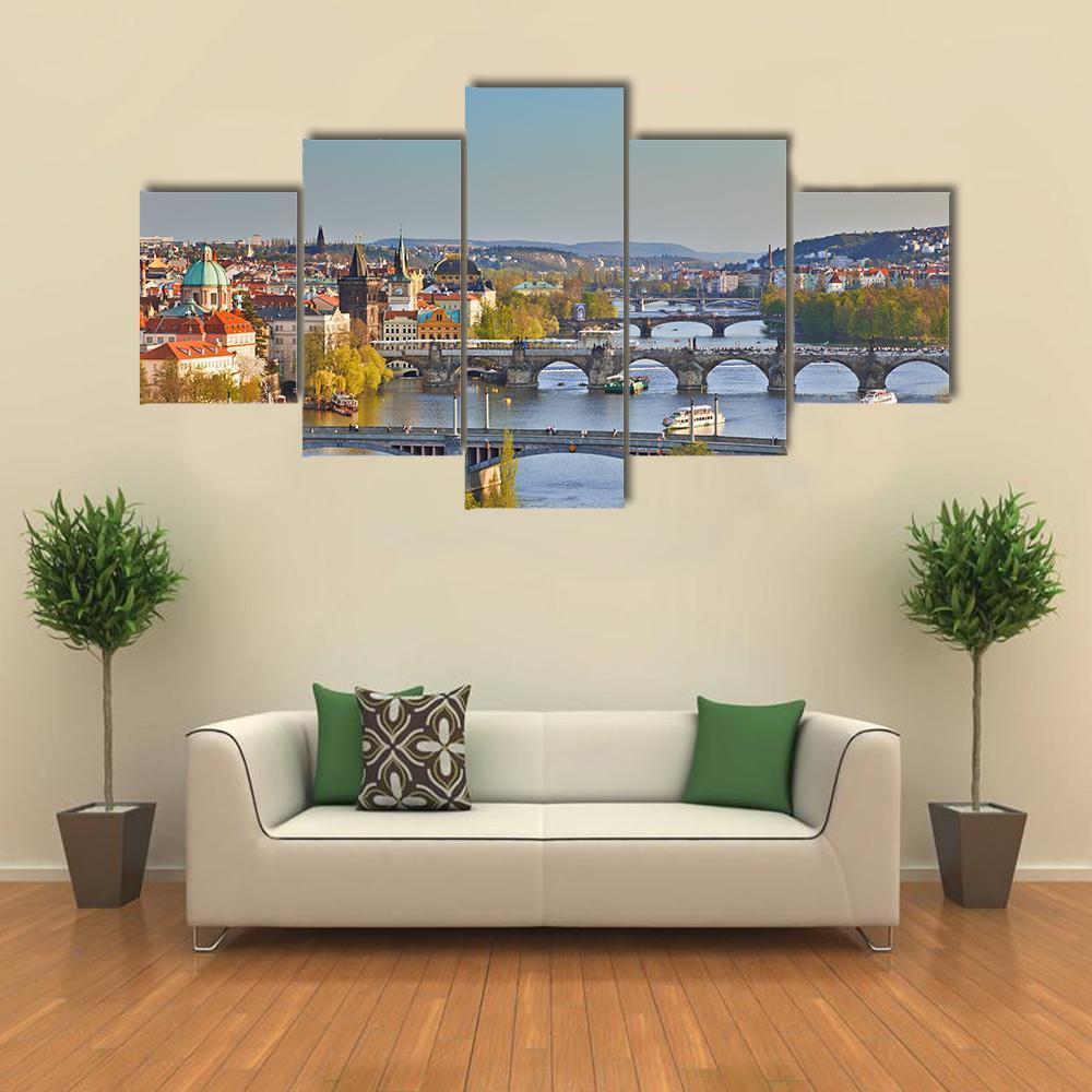 View On Prague At Sunset Canvas Wall Art-1 Piece-Gallery Wrap-48" x 32"-Tiaracle
