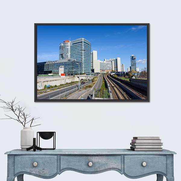 View On Railroad And Financial District In Vienna Canvas Wall Art-1 Piece-Floating Frame-24" x 16"-Tiaracle