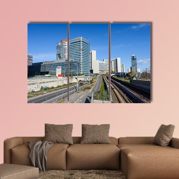 View On Railroad And Financial District In Vienna Canvas Wall Art-3 Horizontal-Gallery Wrap-37" x 24"-Tiaracle