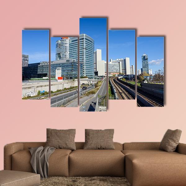 View On Railroad And Financial District In Vienna Canvas Wall Art-5 Pop-Gallery Wrap-47" x 32"-Tiaracle