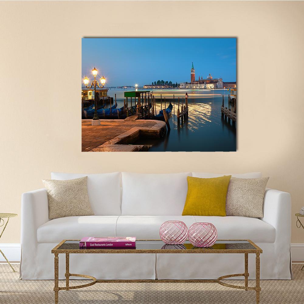 View of San Giorgio, Venice Canvas Wall Art in brown, orange and blue, single panel hung on a wall