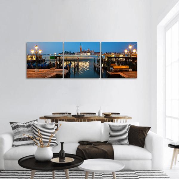 San Giorgio Maggiore at Twilight, Venice Panoramic Canvas Wall Art in brown, orange and blue, hung on a wall