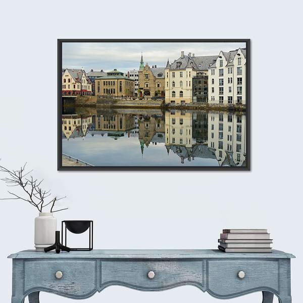 View On Streets And Houses At City Of Alesund Canvas Wall Art-1 Piece-Floating Frame-24" x 16"-Tiaracle