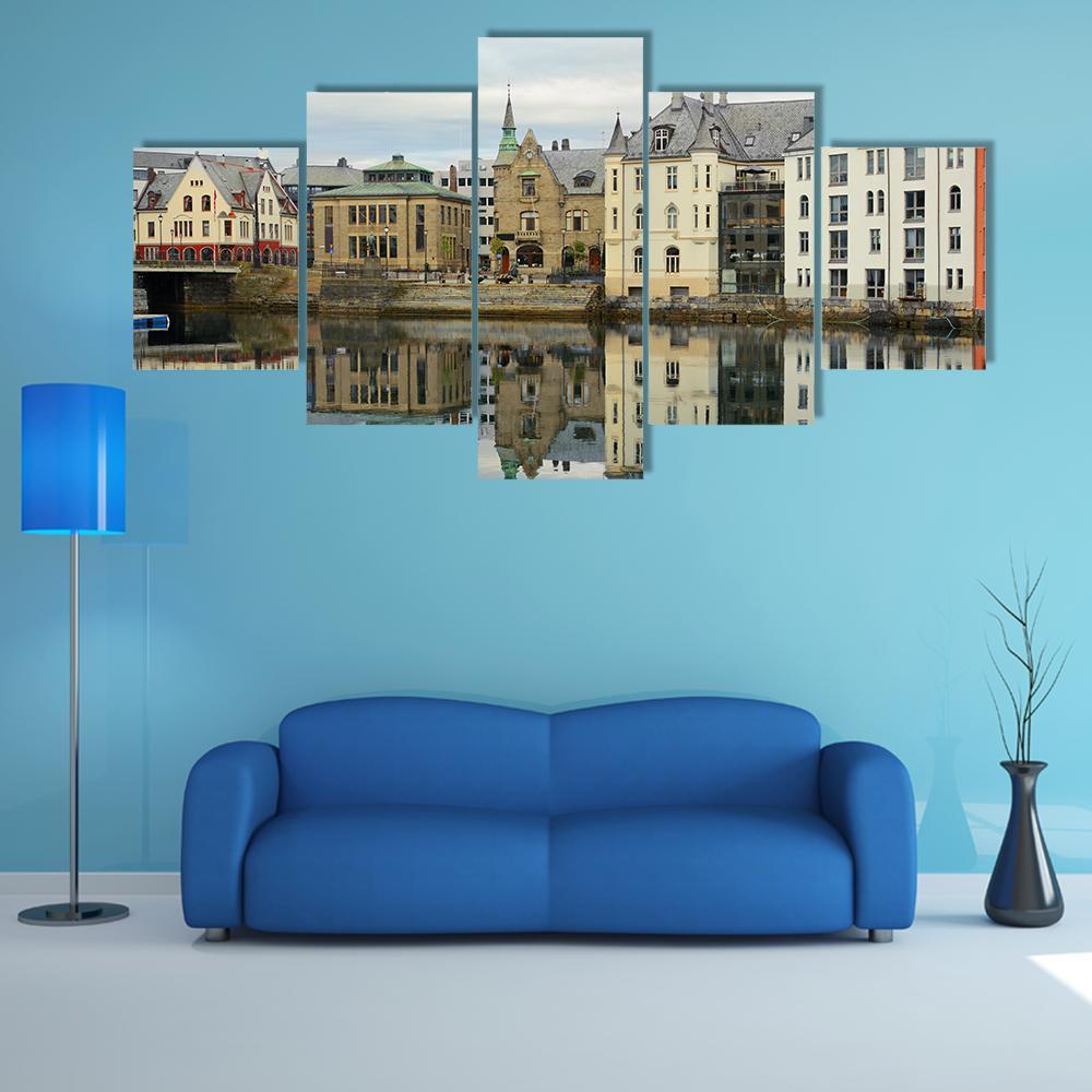 View On Streets And Houses At City Of Alesund Canvas Wall Art-5 Star-Gallery Wrap-62" x 32"-Tiaracle