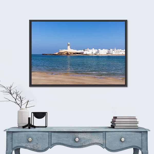 View On Sur Lighthouse In Oman Canvas Wall Art-1 Piece-Floating Frame-24" x 16"-Tiaracle