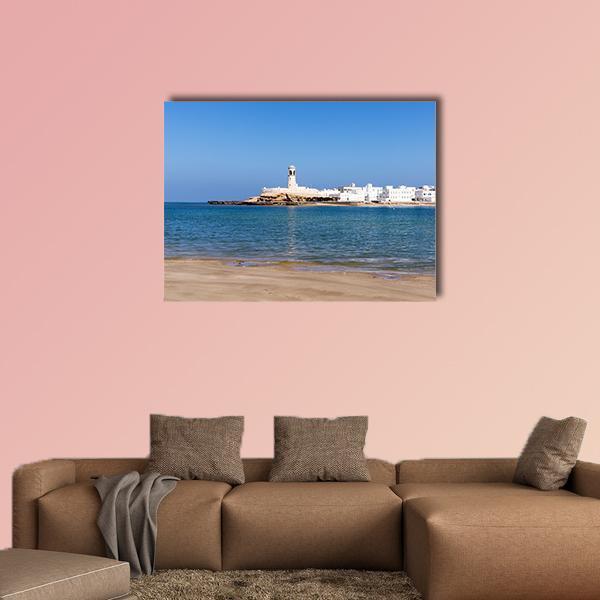 Sur Lighthouse View, Oman Canvas Wall Art in white, beige and blue, single panel hung on a wall