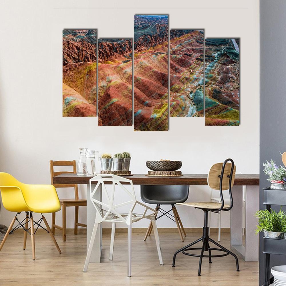 View On The Colorful Rainbow Mountains Canvas Wall Art-5 Pop-Gallery Wrap-47" x 32"-Tiaracle