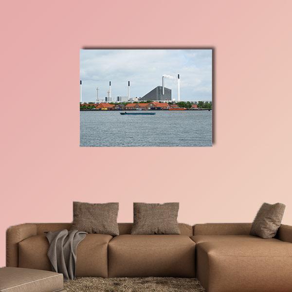 Copenhagen Incinerator on the Waterfront Canvas Wall Art in white, gray and blue, single panel hung on a wall