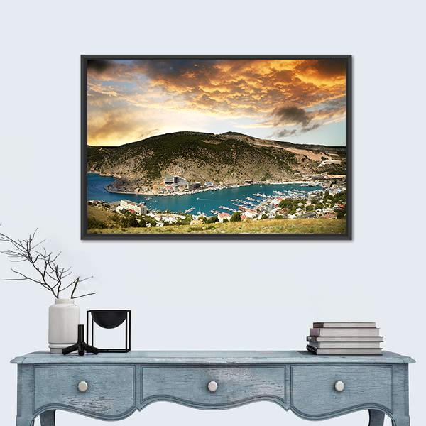 View On The Seascape With Mountains Canvas Wall Art-1 Piece-Floating Frame-24" x 16"-Tiaracle