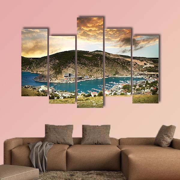 View On The Seascape With Mountains Canvas Wall Art-5 Pop-Gallery Wrap-47" x 32"-Tiaracle