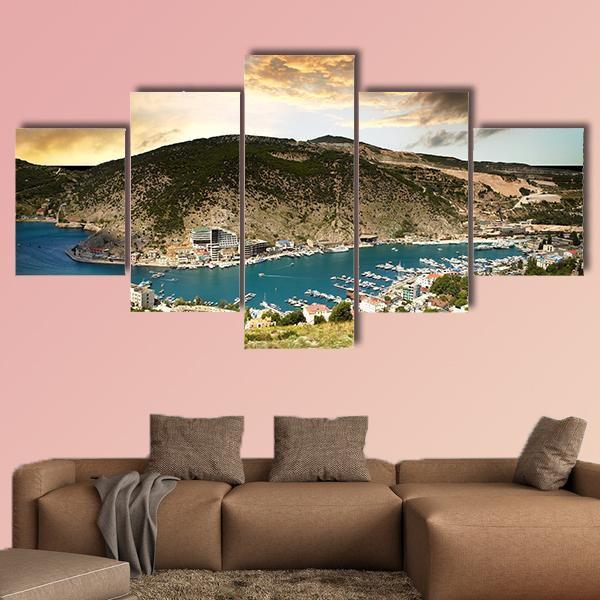 View On The Seascape With Mountains Canvas Wall Art-5 Pop-Gallery Wrap-47" x 32"-Tiaracle