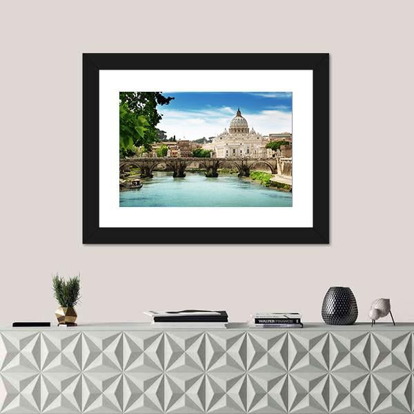 View On Tiber And St Peter Basilica In Vatican Canvas Wall Art-1 Piece-Framed Print-20" x 16"-Tiaracle
