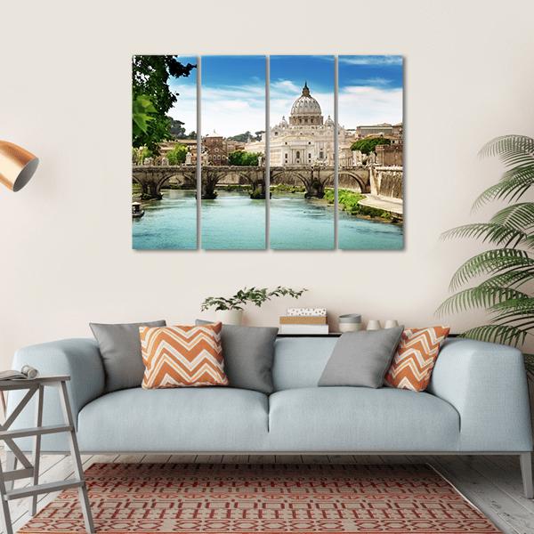 View On Tiber And St Peter Basilica In Vatican Canvas Wall Art-4 Horizontal-Gallery Wrap-34" x 24"-Tiaracle