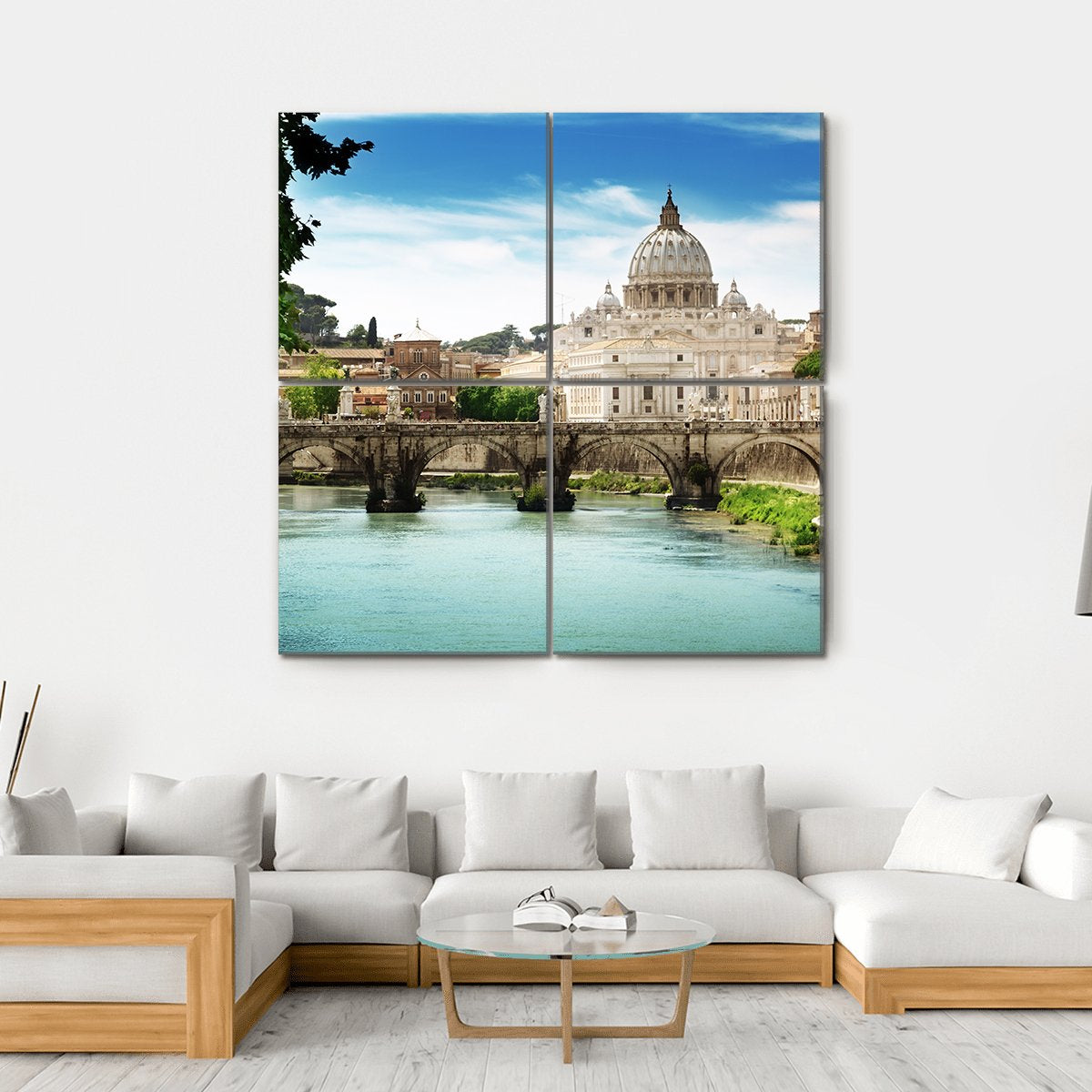 View On Tiber And St Peter Basilica In Vatican Canvas Wall Art-4 Square-Gallery Wrap-17" x 17"-Tiaracle