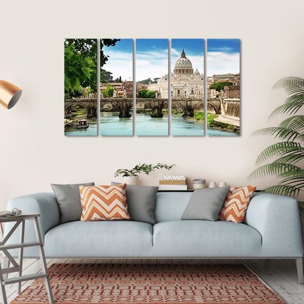 View On Tiber And St Peter Basilica In Vatican Canvas Wall Art-5 Horizontal-Gallery Wrap-22" x 12"-Tiaracle