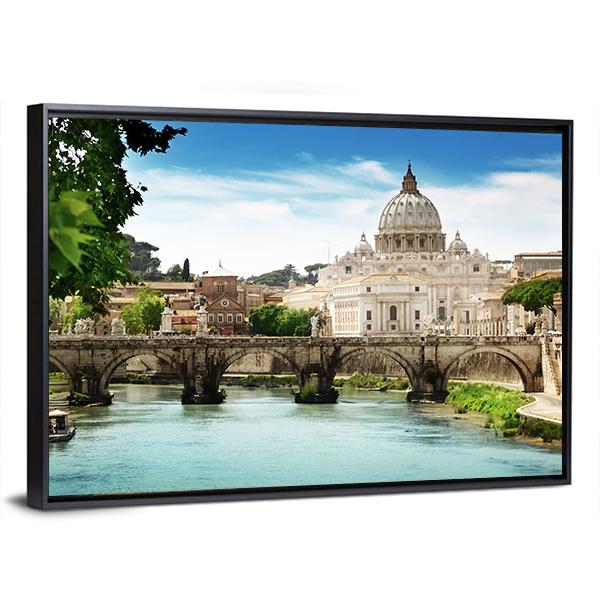 View On Tiber And St Peter Basilica In Vatican Canvas Wall Art-3 Horizontal-Gallery Wrap-25" x 16"-Tiaracle