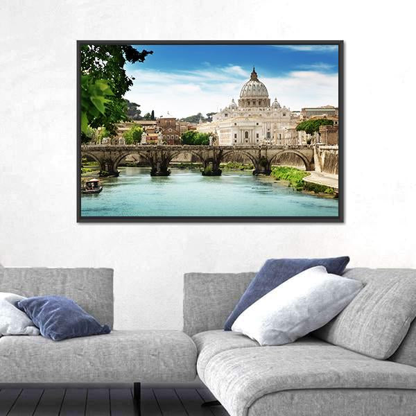View On Tiber And St Peter Basilica In Vatican Canvas Wall Art-3 Horizontal-Gallery Wrap-25" x 16"-Tiaracle