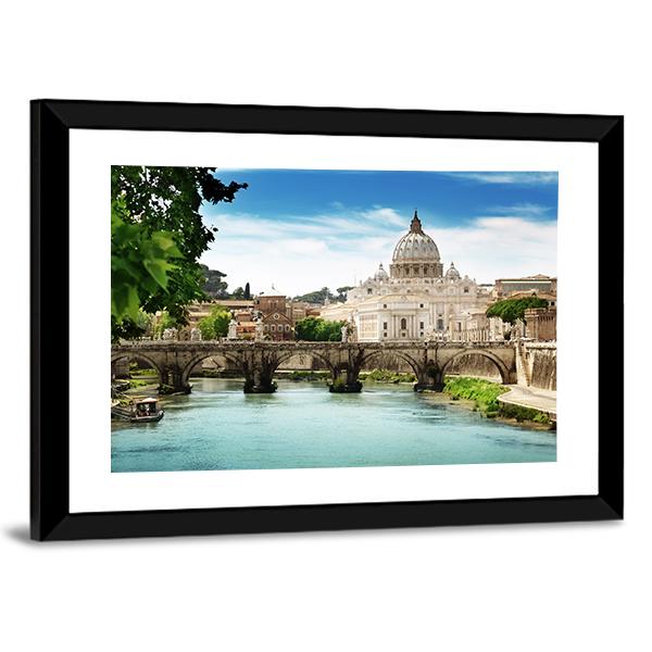 View On Tiber And St Peter Basilica In Vatican Canvas Wall Art-3 Horizontal-Gallery Wrap-25" x 16"-Tiaracle