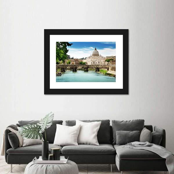 View On Tiber And St Peter Basilica In Vatican Canvas Wall Art-3 Horizontal-Gallery Wrap-25" x 16"-Tiaracle