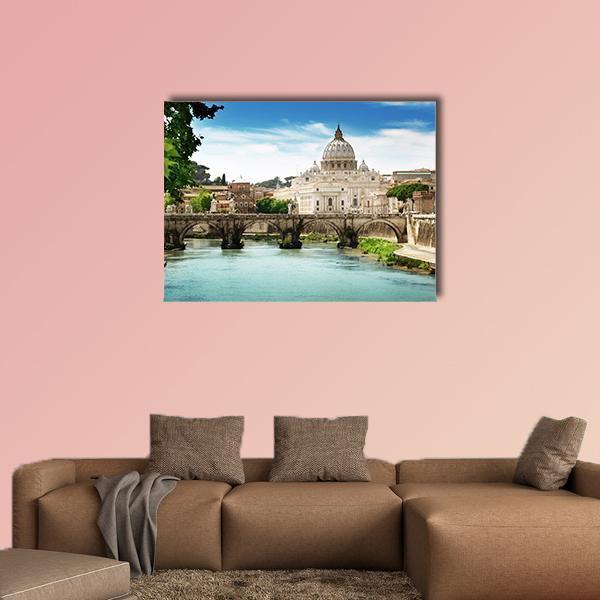 View On Tiber And St Peter Basilica In Vatican Canvas Wall Art-1 Piece-Gallery Wrap-48" x 32"-Tiaracle