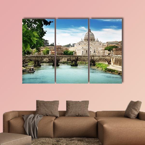 View On Tiber And St Peter Basilica In Vatican Canvas Wall Art-3 Horizontal-Gallery Wrap-25" x 16"-Tiaracle