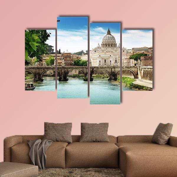 View On Tiber And St Peter Basilica In Vatican Canvas Wall Art-4 Pop-Gallery Wrap-50" x 32"-Tiaracle