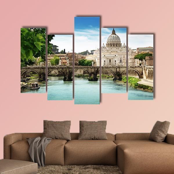 View On Tiber And St Peter Basilica In Vatican Canvas Wall Art-5 Pop-Gallery Wrap-47" x 32"-Tiaracle
