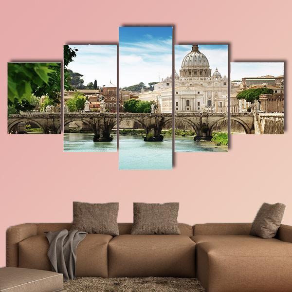 View On Tiber And St Peter Basilica In Vatican Canvas Wall Art-5 Star-Gallery Wrap-62" x 32"-Tiaracle