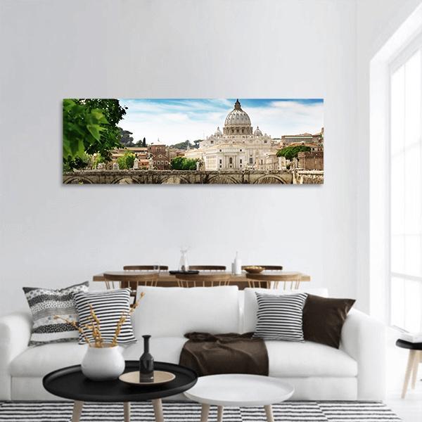 View On Tiber And St Peter Basilica In Vatican Panoramic Canvas Wall Art-1 Piece-36" x 12"-Tiaracle