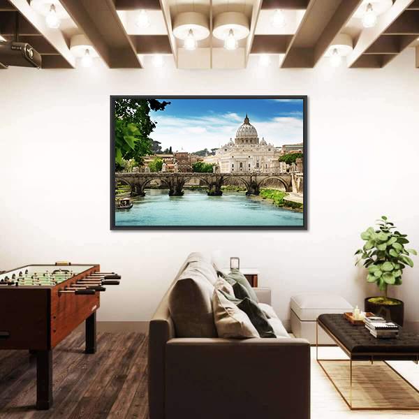 View On Tiber And St Peter Basilica In Vatican Panoramic Canvas Wall Art-1 Piece-36" x 12"-Tiaracle