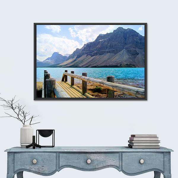 View Over A Wooden Bridge At Bow Lake Canvas Wall Art-1 Piece-Floating Frame-24" x 16"-Tiaracle