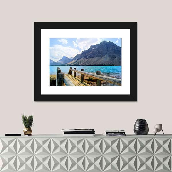 View Over A Wooden Bridge At Bow Lake Canvas Wall Art-1 Piece-Framed Print-20" x 16"-Tiaracle
