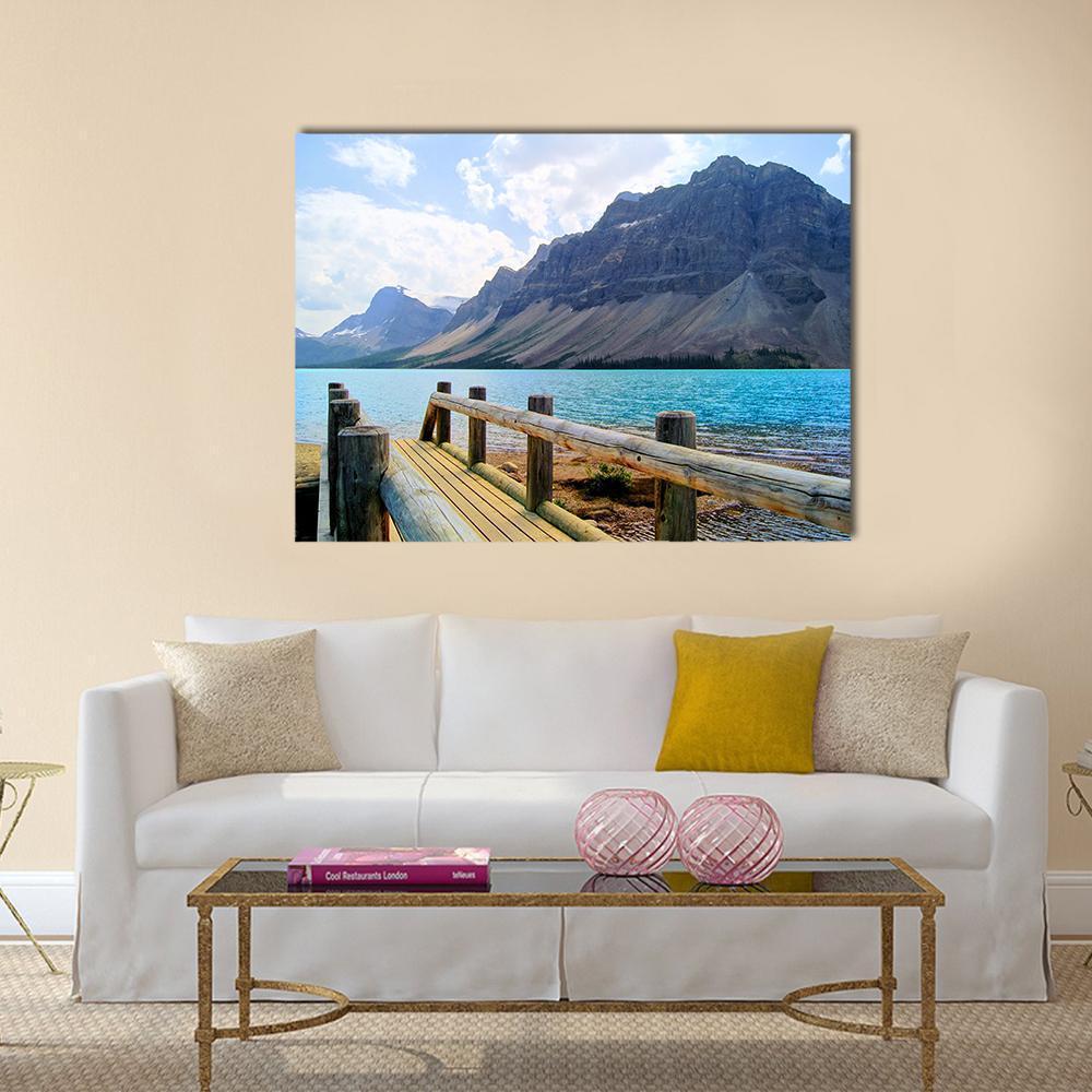 View Over A Wooden Bridge At Bow Lake Canvas Wall Art-1 Piece-Gallery Wrap-48" x 32"-Tiaracle