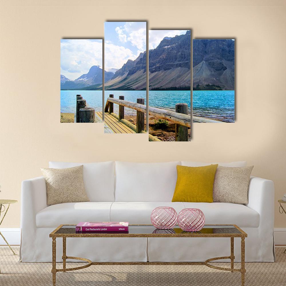 View Over A Wooden Bridge At Bow Lake Canvas Wall Art-4 Pop-Gallery Wrap-50" x 32"-Tiaracle