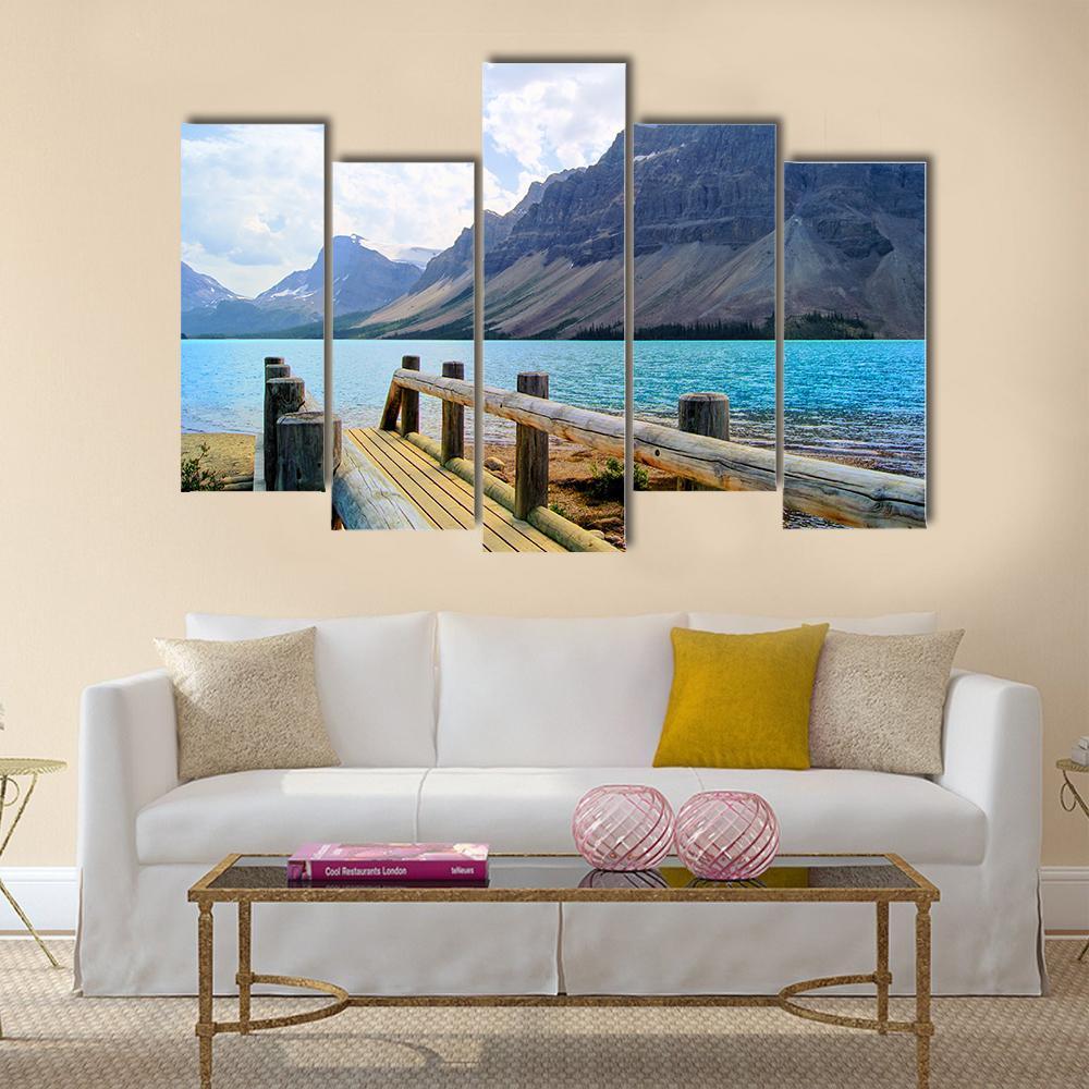 View Over A Wooden Bridge At Bow Lake Canvas Wall Art-5 Pop-Gallery Wrap-47" x 32"-Tiaracle
