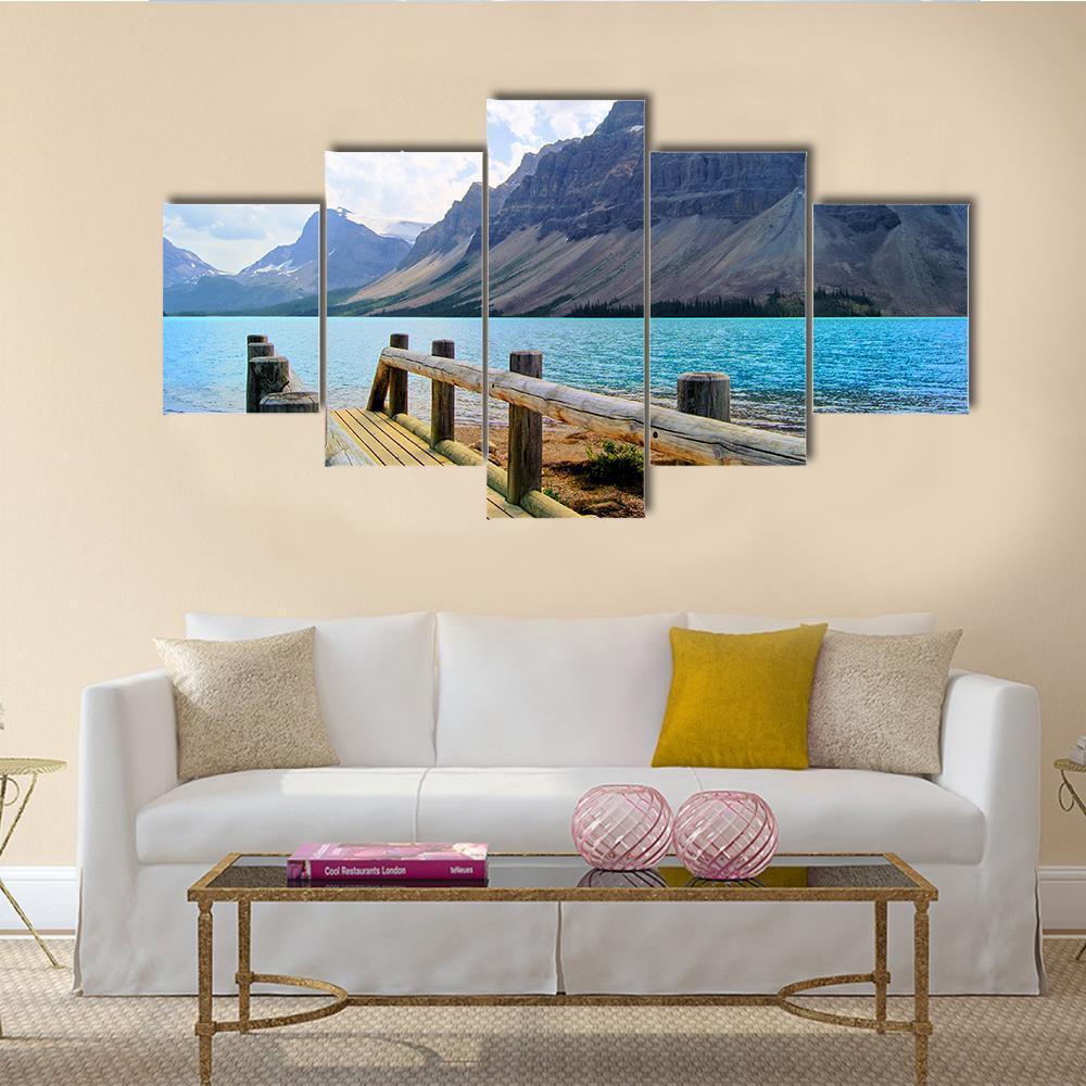 View Over A Wooden Bridge At Bow Lake Canvas Wall Art-5 Star-Gallery Wrap-62" x 32"-Tiaracle
