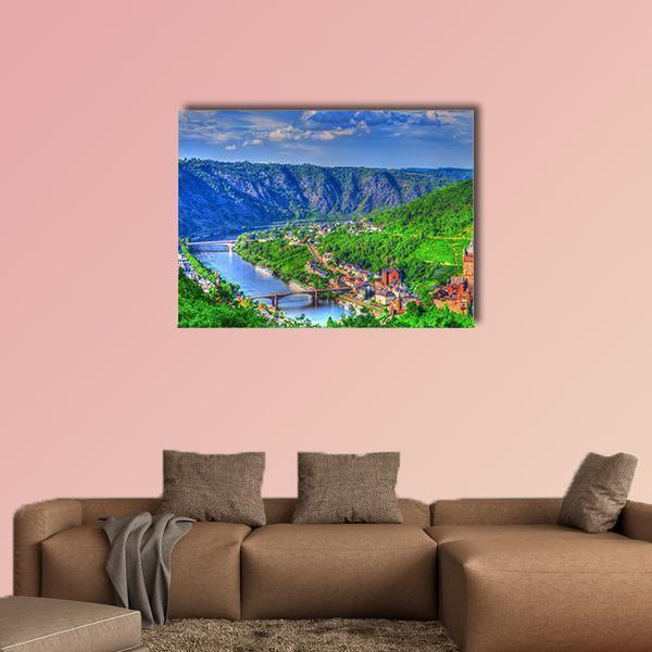 View Over Cochem on the Moselle Canvas Wall Art in green and blue, single panel hung on a wall